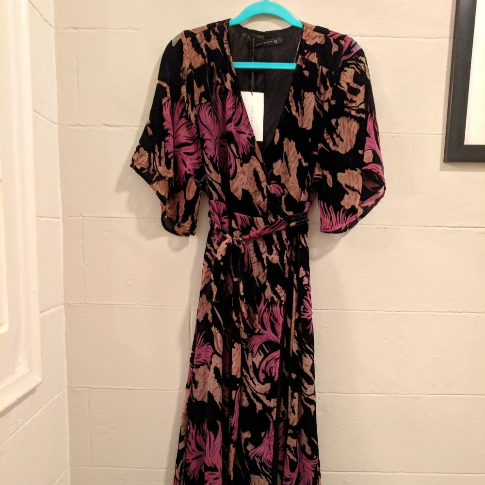 NWT Zara Burnout Velvet Devore Midi Wrap Dress